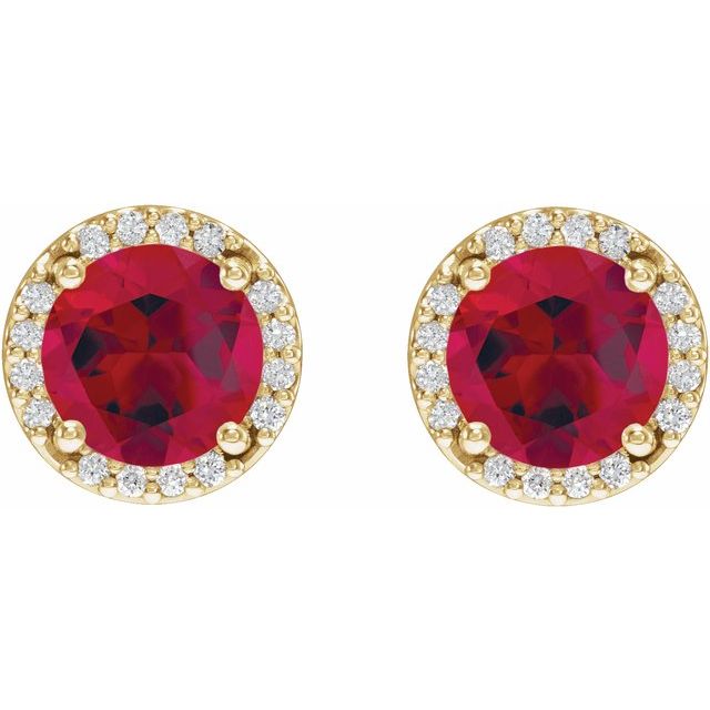 14K Yellow Lab-Grown Ruby & 1/10 CTW Natural Diamond Halo-Style Earrings