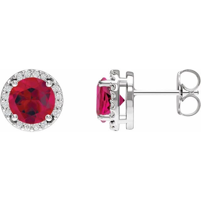 Sterling Silver Lab-Grown Ruby & 1/10 CTW Natural Diamond Halo-Style Earrings