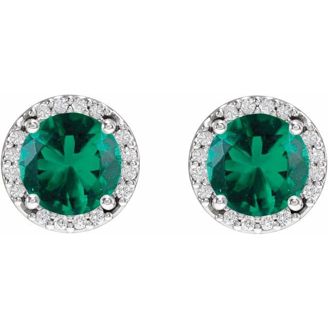 14K White Lab-Grown Emerald & 1/10 CTW Natural Diamond Halo-Style Earrings