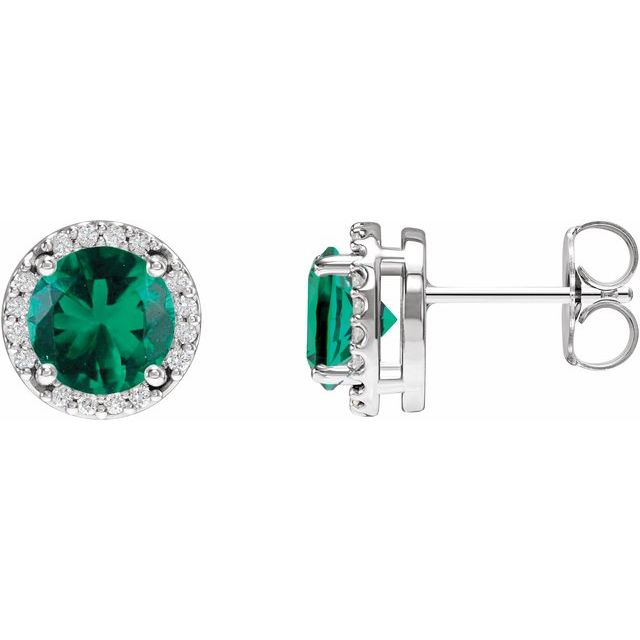 Sterling Silver Lab-Grown Emerald & .05 CTW Natural Diamond Halo-Style Earrings