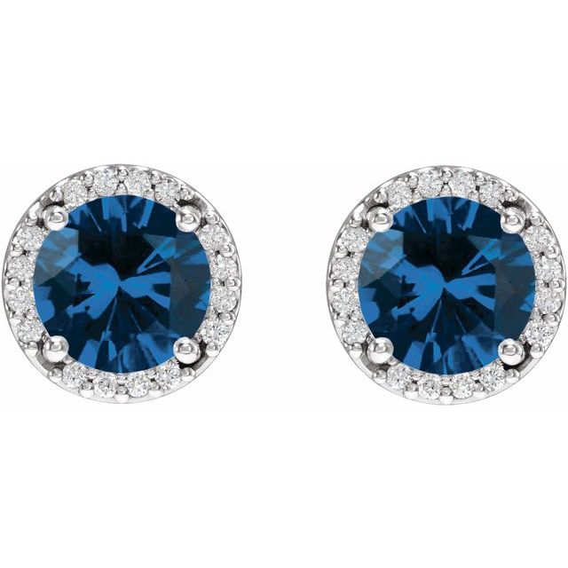 14K White Lab-Grown Blue Sapphire & .05 CTW Natural Diamond Halo-Style Earrings