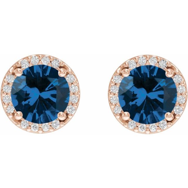 14K Rose Lab-Grown Blue Sapphire & .05 CTW Natural Diamond Halo-Style Earrings