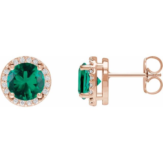 14K Rose Lab-Grown Emerald & 1/10 CTW Natural Diamond Halo-Style Earrings