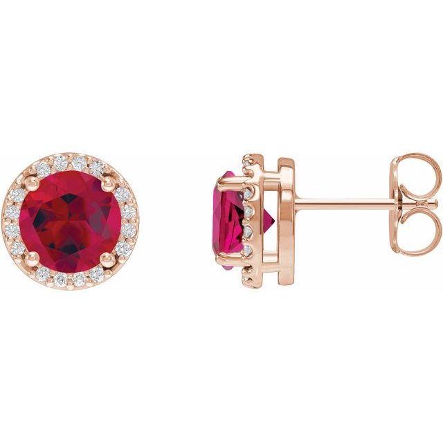 14K Rose Lab-Grown Ruby & .05 CTW Natural Diamond Halo-Style Earrings