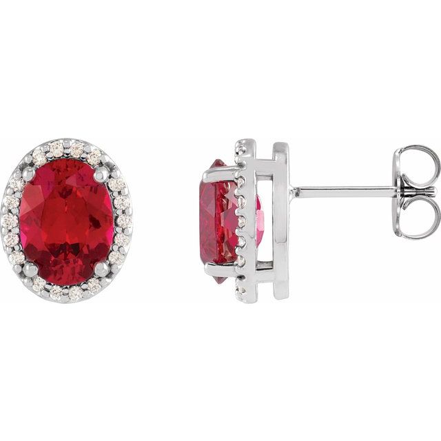14K White 5x3 mm Lab-Grown Ruby & .04 CTW Natural Diamond Halo-Style Earring