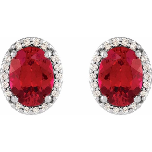14K White 5x3 mm Lab-Grown Ruby & .04 CTW Natural Diamond Halo-Style Earrings