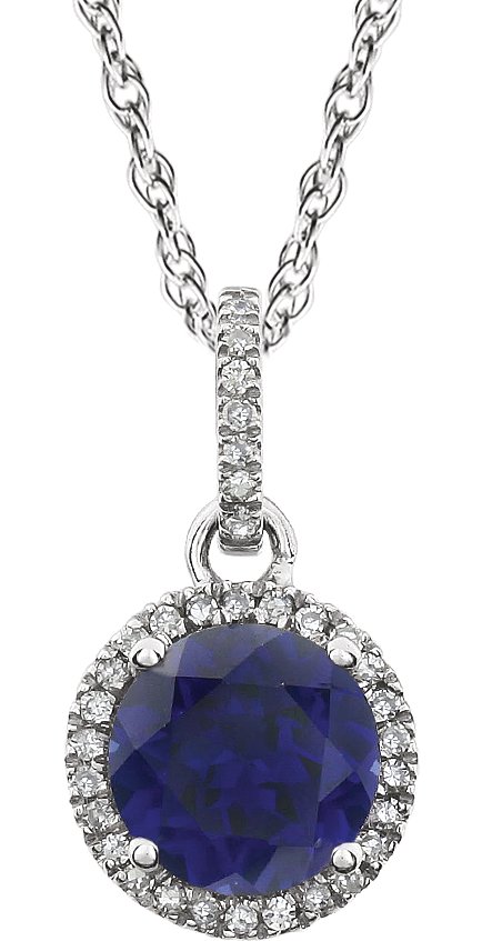 14K White Lab-Grown Blue Sapphire & 1/10 CTW Natural Diamond 18" Necklace
