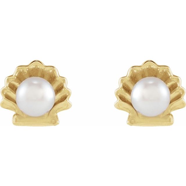 14K Yellow Cultured White Seed Pearl Shell Earrings