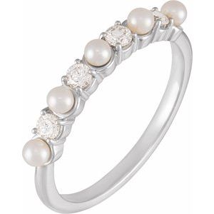 14K White  Cultured White Seed Pearl & 1/4 CTW Natural Diamond Anniversary Band