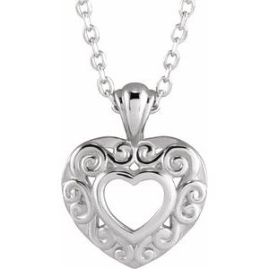 14K White 12.9x10.1 mm Pierced Heart 16-18" Necklace