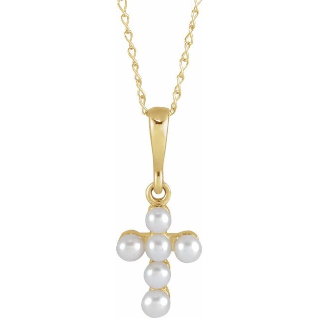 14K Yellow Cultured White Seed Pearl Youth Cross 16 Necklace
