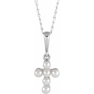 14K White Cultured White Seed Pearl Youth Cross 16" Necklace