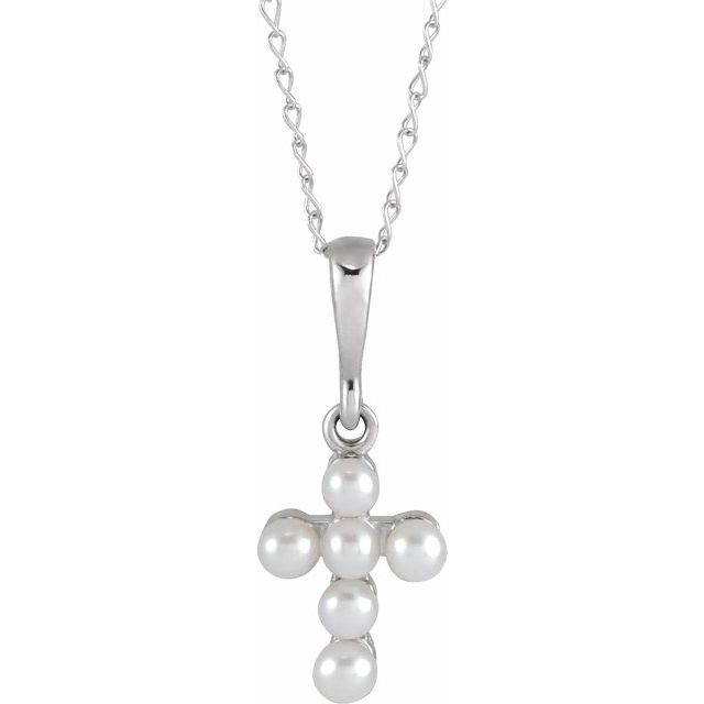 14K White Cultured White Seed Pearl Youth Cross 16 Necklace