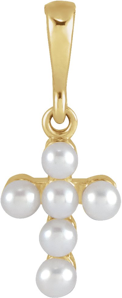 14K Yellow Cultured White Seed Pearl Youth Cross Pendant