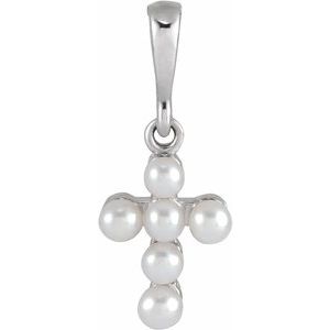 14K White Cultured White Seed Pearl Youth Cross Pendant