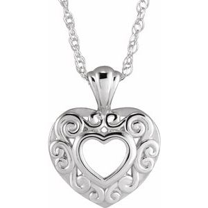 14K White 12.9x10.1 mm Pierced Heart 14" Necklace