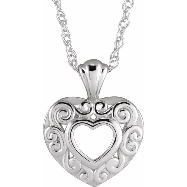 14K White 12.9x10.1 mm Pierced Heart 14 Necklace