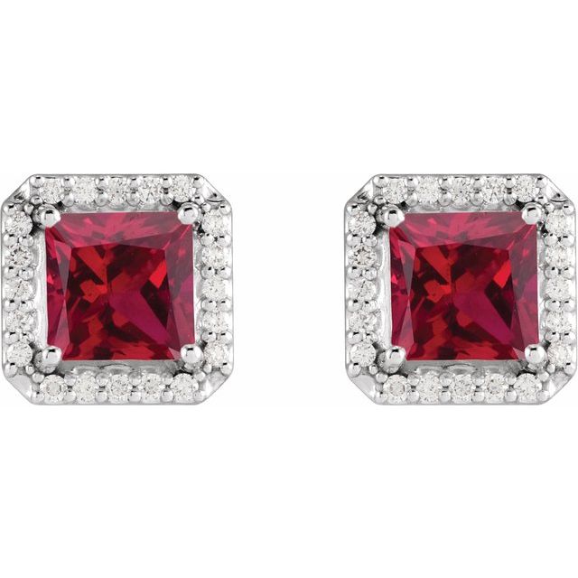 14K White Lab-Grown Ruby & .08 CTW Natural Diamond Halo-Style Earrings