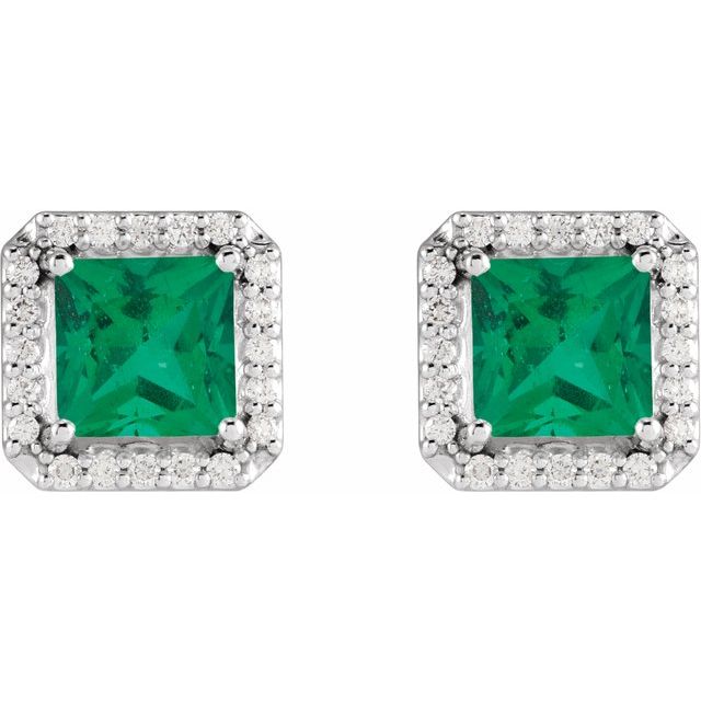 14K White Lab-Grown Emerald & .08 CTW Natural Diamond Halo-Style Earrings