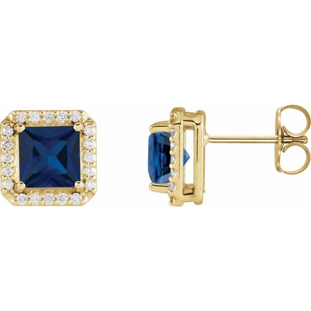 14K Yellow Lab-Grown Blue Sapphire & .08 CTW Natural Diamond Halo-Style Earrings