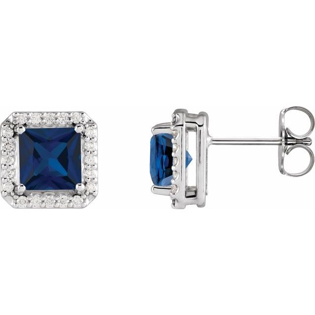 14K White 5x5 mm Lab-Grown Blue Sapphire 1/6 CTW Natural Diamond Halo-Style Earrings