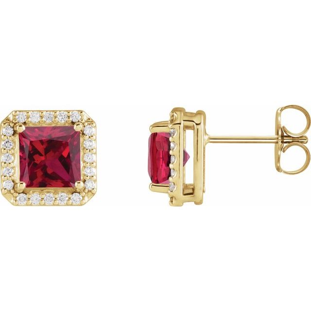 14K Yellow 5x5 mm Lab-Grown Ruby 1/6 CTW Natural Diamond Halo-Style Earrings