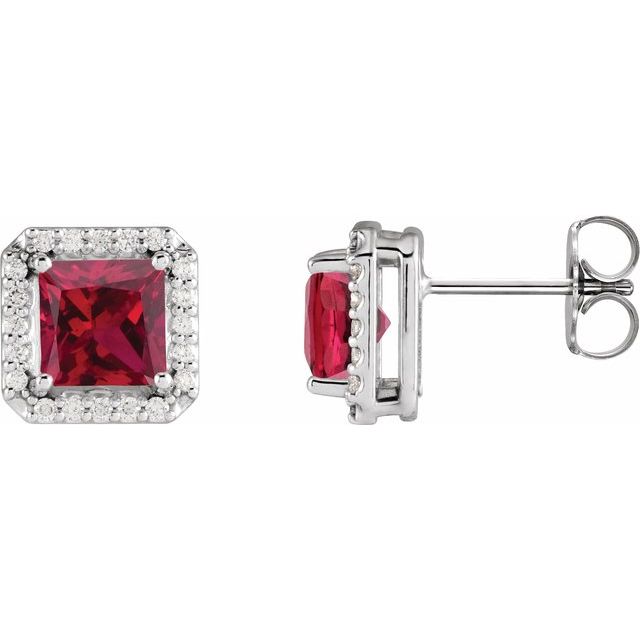14K White Lab-Grown Ruby & .08 CTW Natural Diamond Halo-Style Earrings