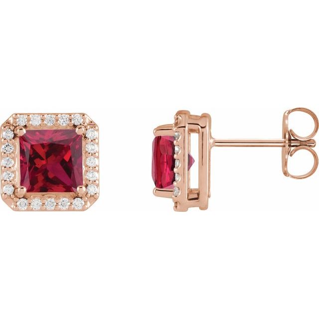 14K Rose Lab-Grown Ruby & .08 CTW Natural Diamond Halo-Style Earrings