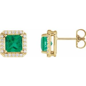 14K Yellow 5x5 mm Lab-Grown Emerald 1/6 CTW Natural Diamond Halo-Style Earrings
