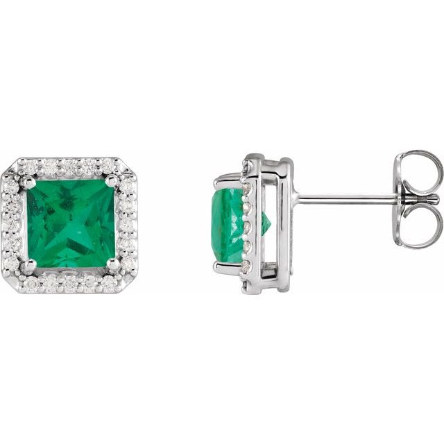 Sterling Silver 5x5 mm Lab-Grown Emerald 1/6 CTW Natural Diamond Halo-Style Earrings