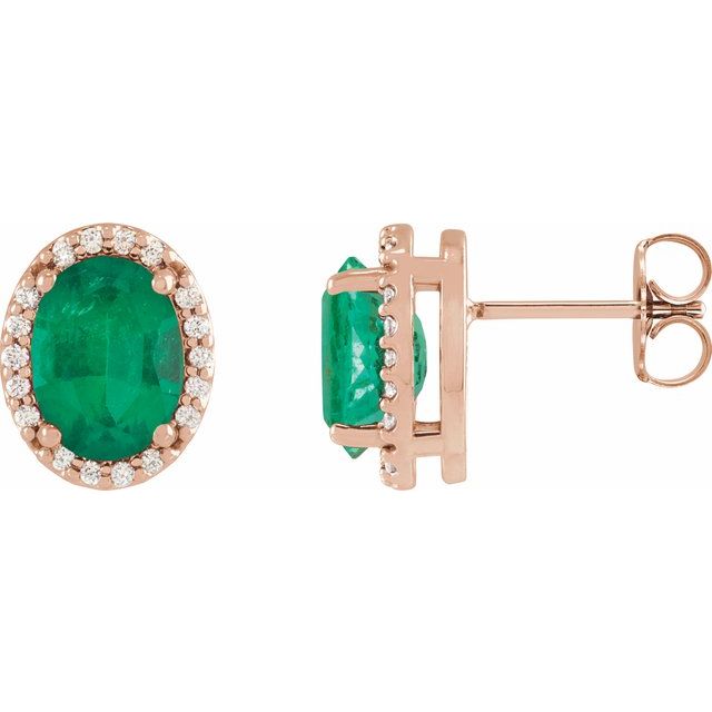 14K Rose 5x3 mm Lab-Grown Emerald & .04 CTW Natural Diamond Halo-Style Earrings
