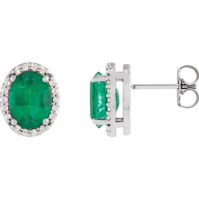 14K White Lab-Grown Emerald & .04 CTW Natural Diamond Halo-Style Earrings