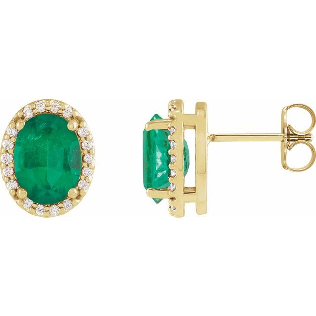 14K Yellow Lab-Grown Emerald & .04 CTW Natural Diamond Halo-Style Earrings