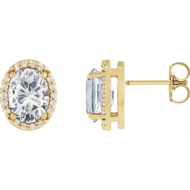 14K Yellow 6x4 mm Lab-Grown Moissanite & .06 CTW Natural Diamond Halo-Style Earrings