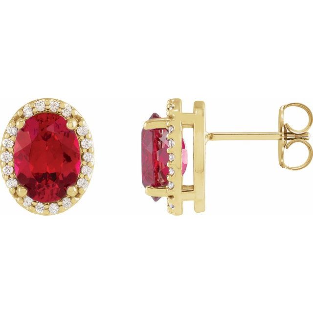 14K Yellow 6x4 mm Lab-Grown Ruby & .06 CTW Natural Diamond Halo-Style Earrings