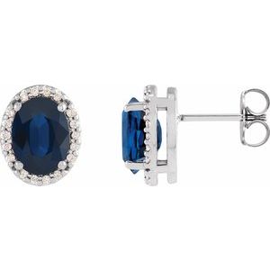 14K White Lab-Grown Blue Sapphire & .06 CTW Natural Diamond Halo-Style Earrings