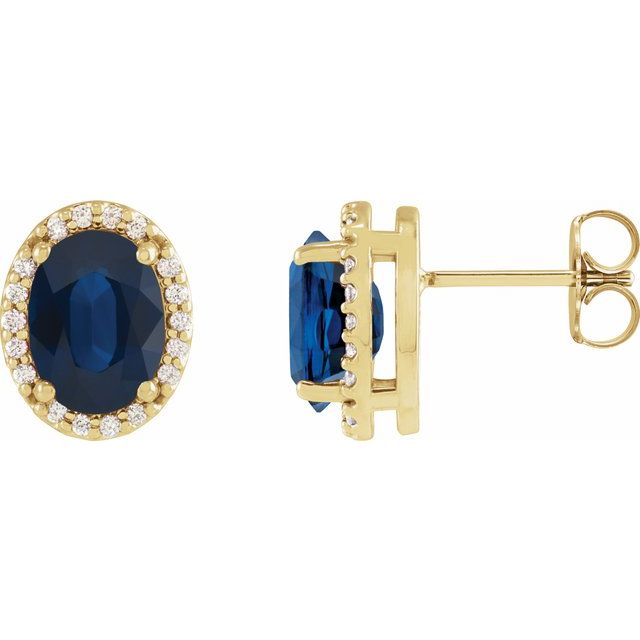 14K Yellow Lab-Grown Blue Sapphire & .04 CTW Natural Diamond Halo-Style Earrings