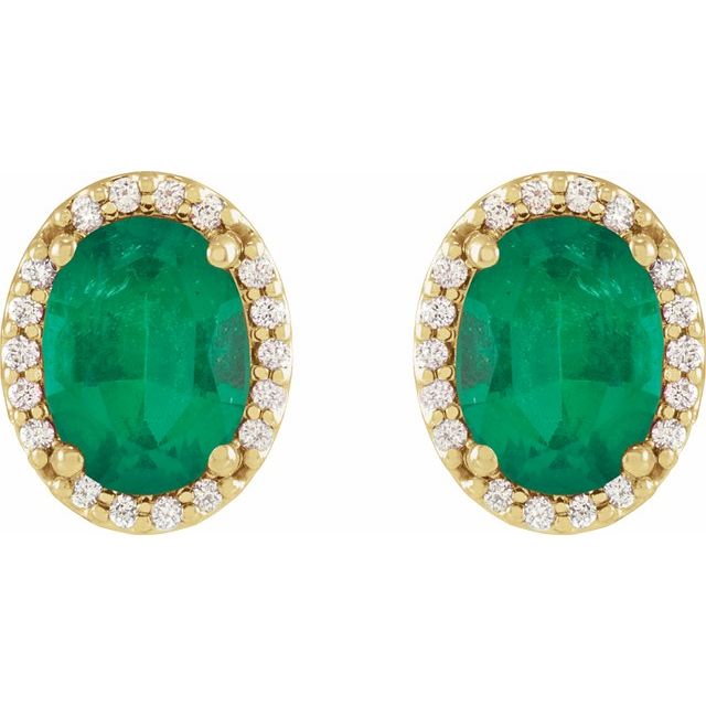 14K Yellow 6x4 mm Lab-Grown Emerald & .06 CTW Natural Diamond Halo-Style Earring