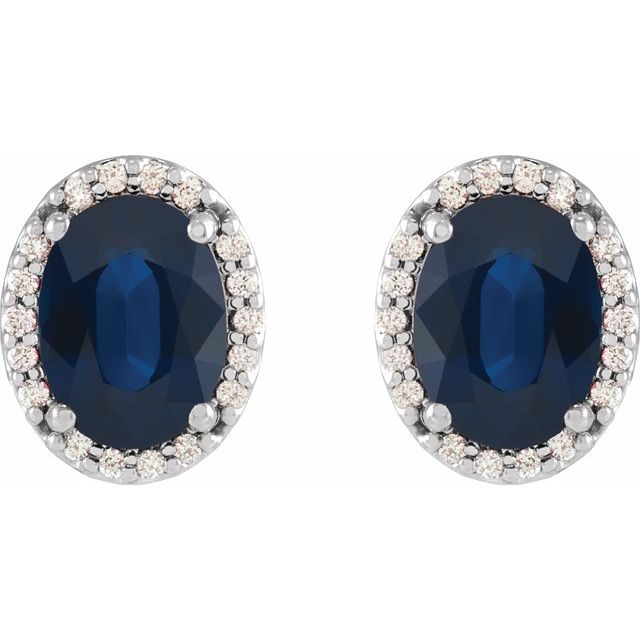 14K White 5x3 mm Lab-Grown Blue Sapphire & .04 CTW Natural Diamond Halo-Style Earrings