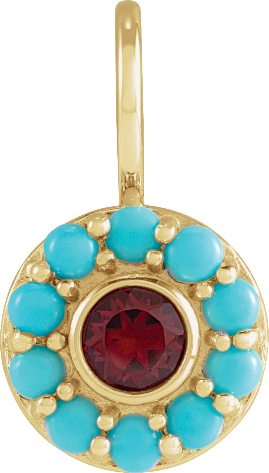 14K Yellow Natural Mozambique Garnet and Natural Turquoise Halo Style Charm or Pendant Ref 19750425