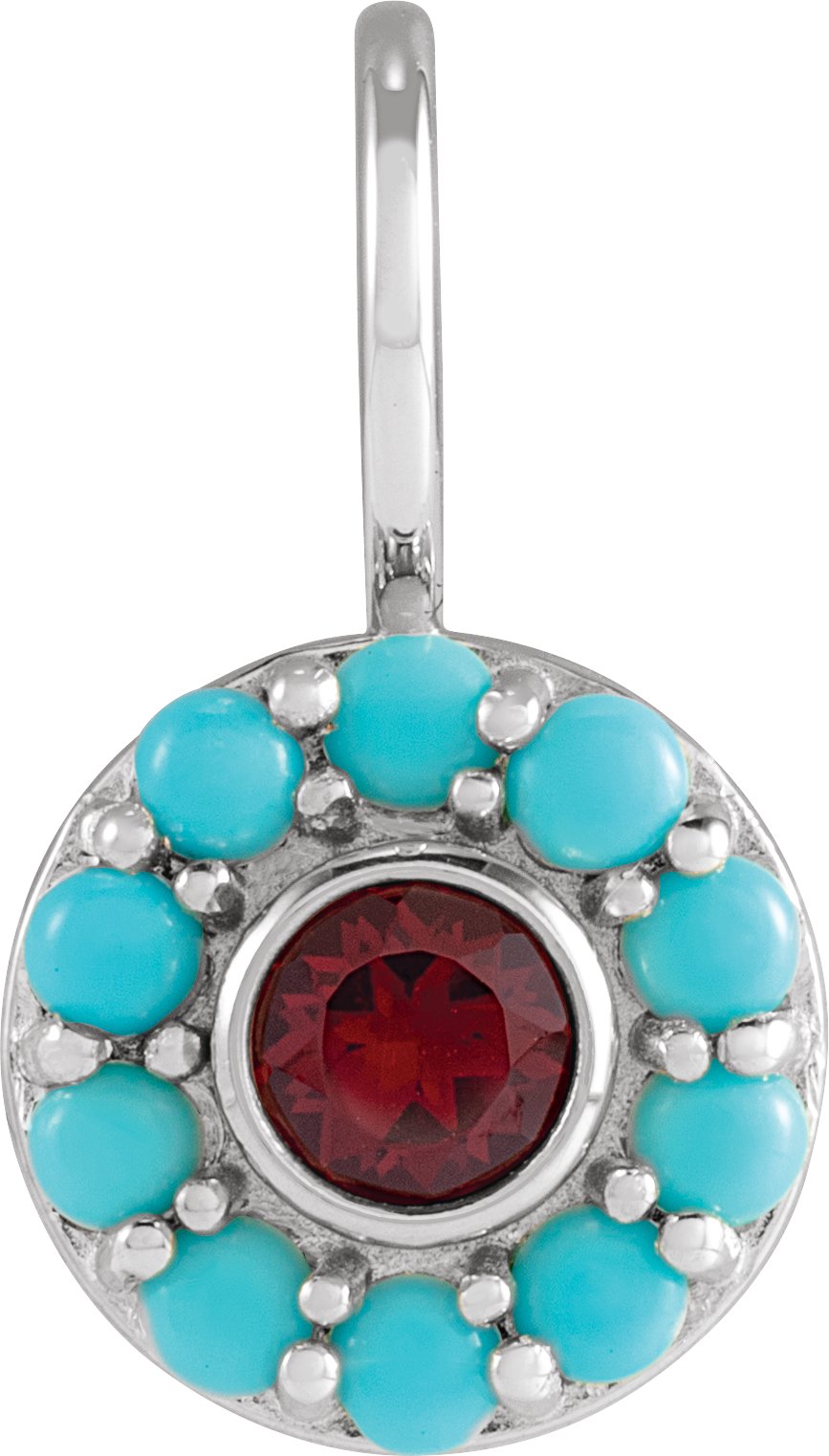 14K White Natural Mozambique Garnet and Natural Turquoise Halo Style Charm or Pendant Ref 19750414