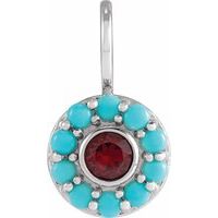 Sterling Silver Natural Mozambique Garnet & Natural Turquoise Halo-Style Charm/Pendant