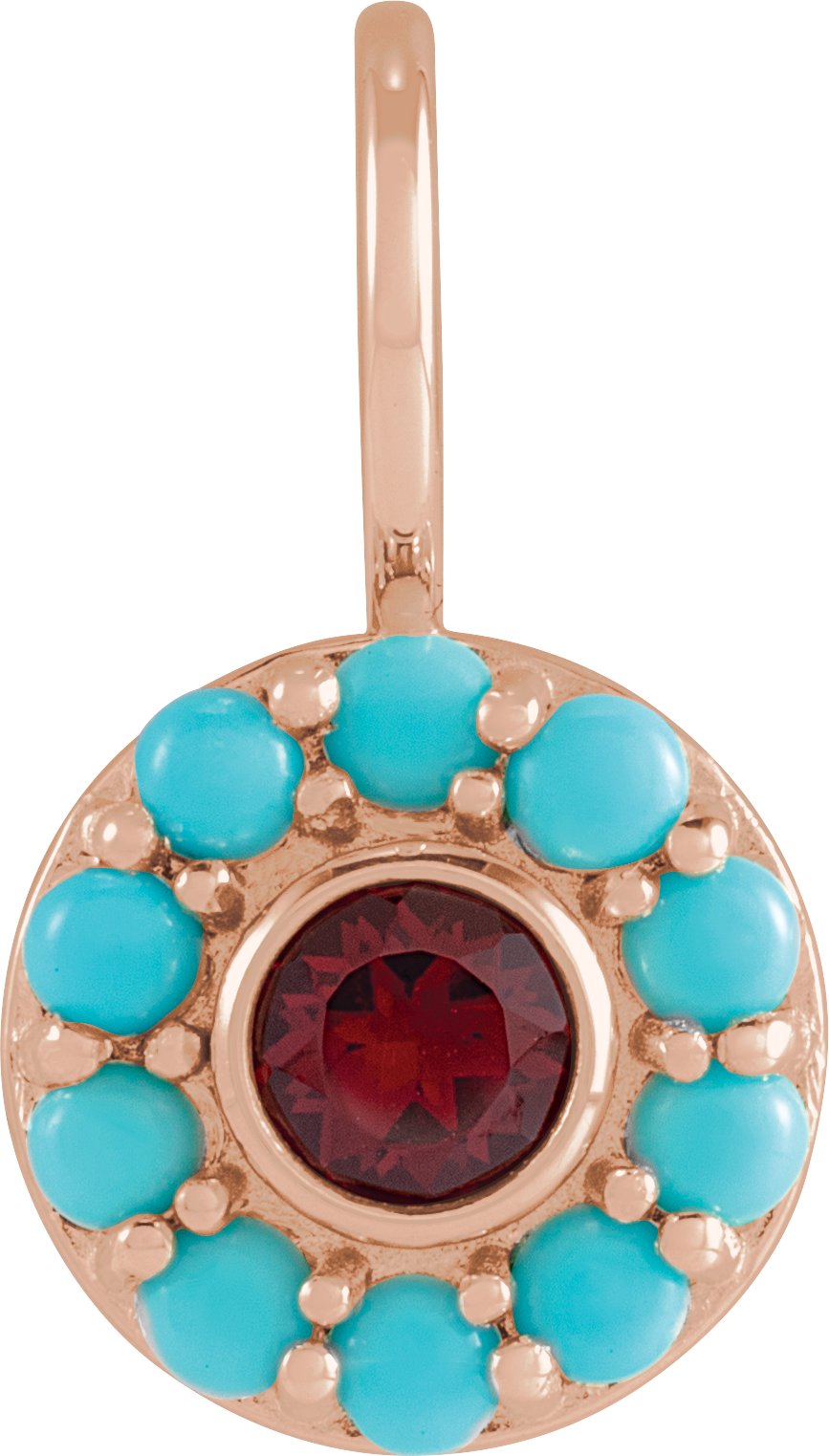 14K Rose Natural Mozambique Garnet and Natural Turquoise Halo Style Charm or Pendant Ref 19750412