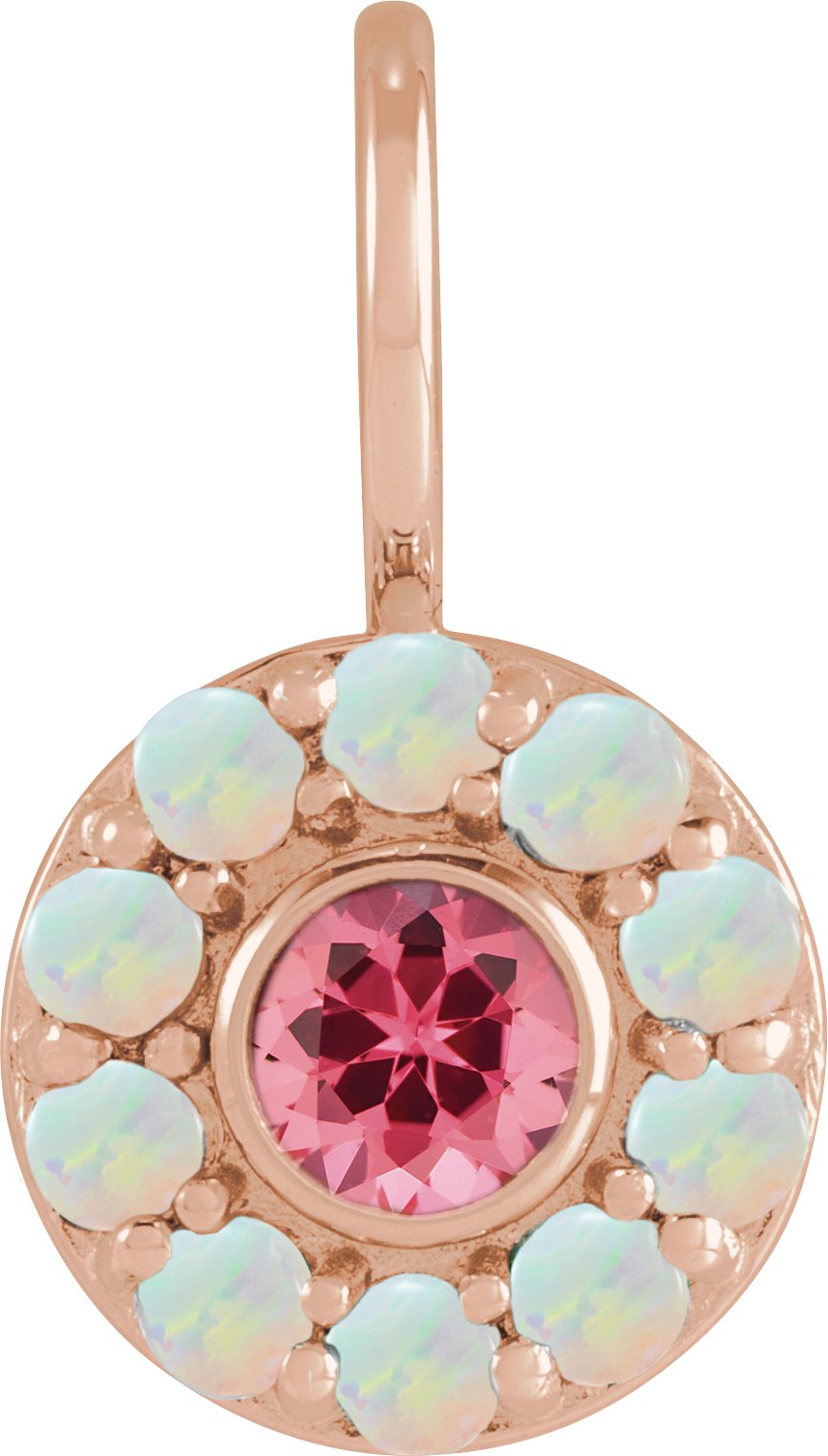 14K Rose Natural Pink Spinel and Natural White Opal Halo Style Charm or Pendant Ref 19750410