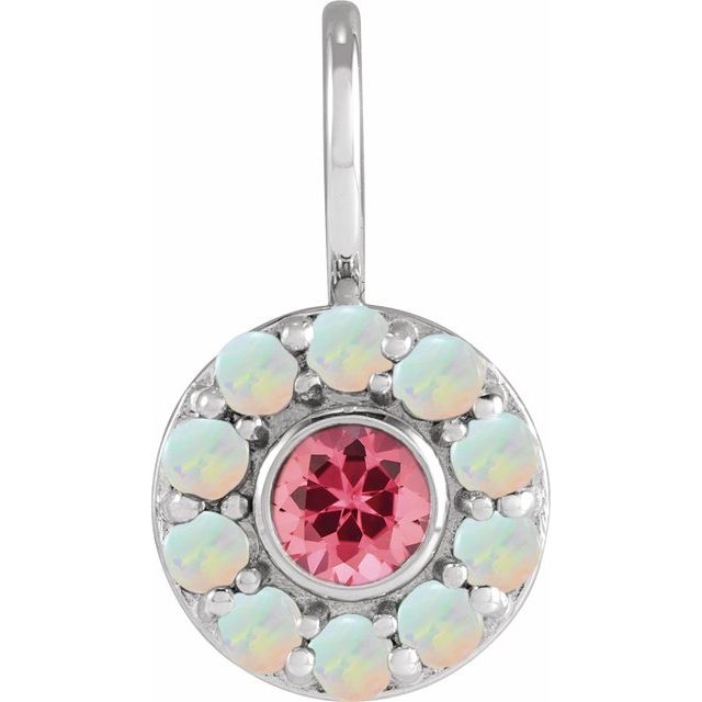 14K White Natural Pink Spinel & Natural White Opal Halo-Style Charm/Pendant