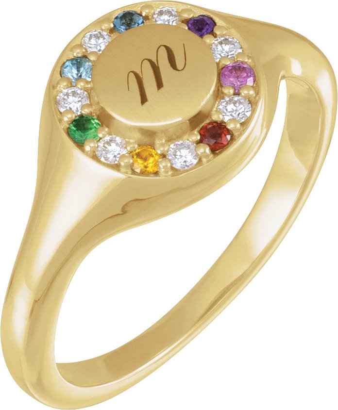 14K Yellow Natural Multi-Gemstone & 1/10 CTW Natural Diamond Halo-Style Signet Ring