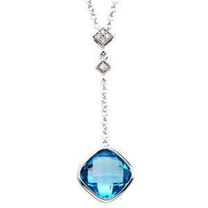 14K White Checkerboard Swiss Blue Topaz & .04 CTW Diamond 18" Necklace