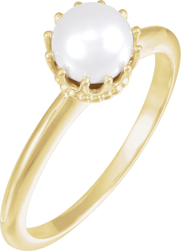 14K Yellow Cultured White Freshwater Pearl Crown Ring 