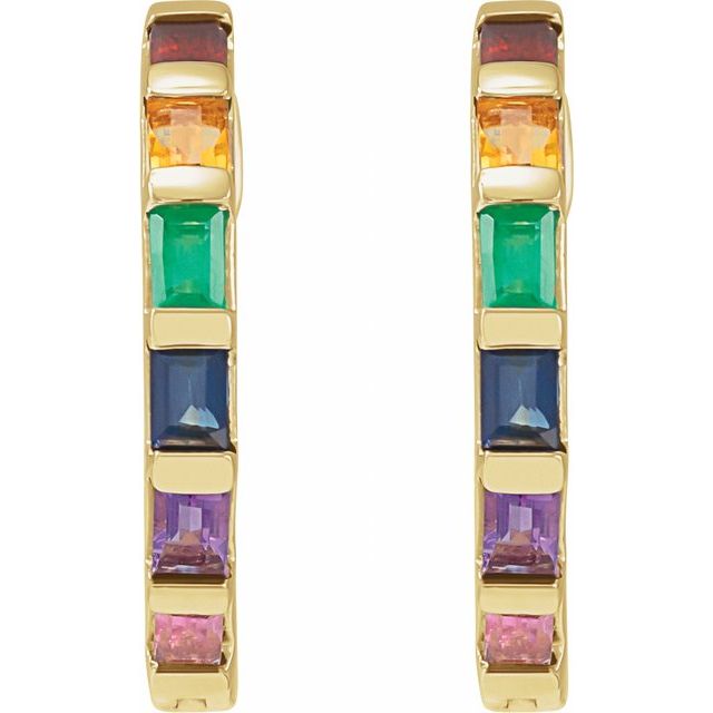 14K Yellow Natural Multi-Gemstone Rainbow Hoop Earrings