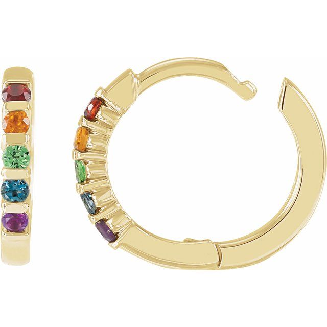 14K Yellow Natural Multi-Gemstone Rainbow Huggie Hoop Earrings